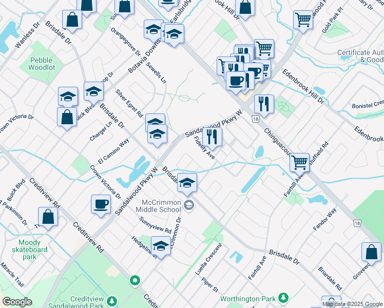 map of restaurants, bars, coffee shops, grocery stores, and more near 29 Napa Valley Crescent in Brampton
