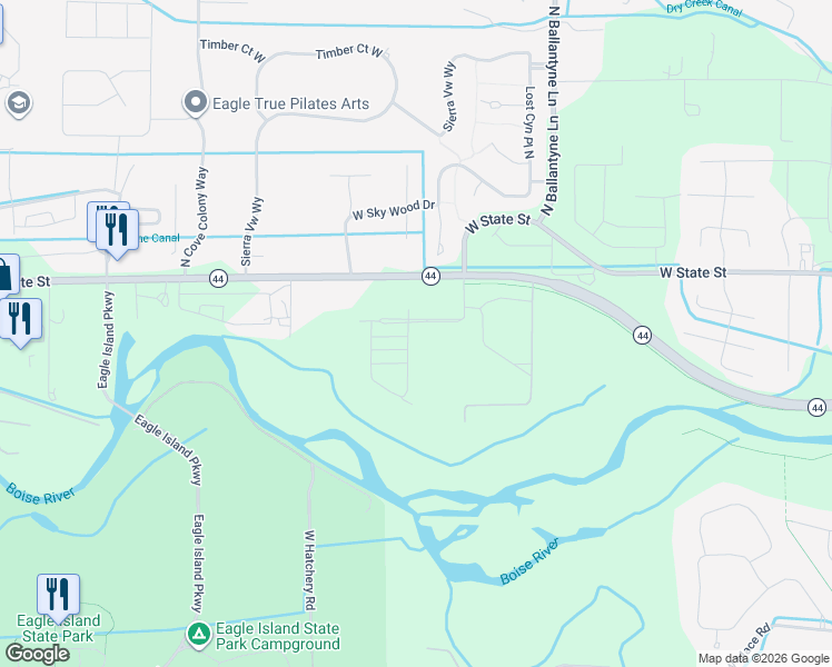 map of restaurants, bars, coffee shops, grocery stores, and more near 2517 W Iron Coop St in Eagle