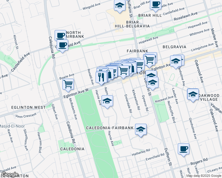 map of restaurants, bars, coffee shops, grocery stores, and more near 2005 Eglinton Avenue West in Toronto