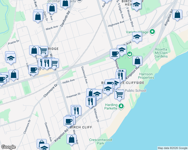 map of restaurants, bars, coffee shops, grocery stores, and more near 79 Hollis Avenue in Toronto
