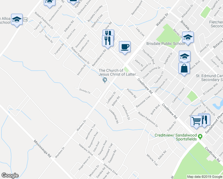 map of restaurants, bars, coffee shops, grocery stores, and more near 40 LeBlanc Crescent in Brampton