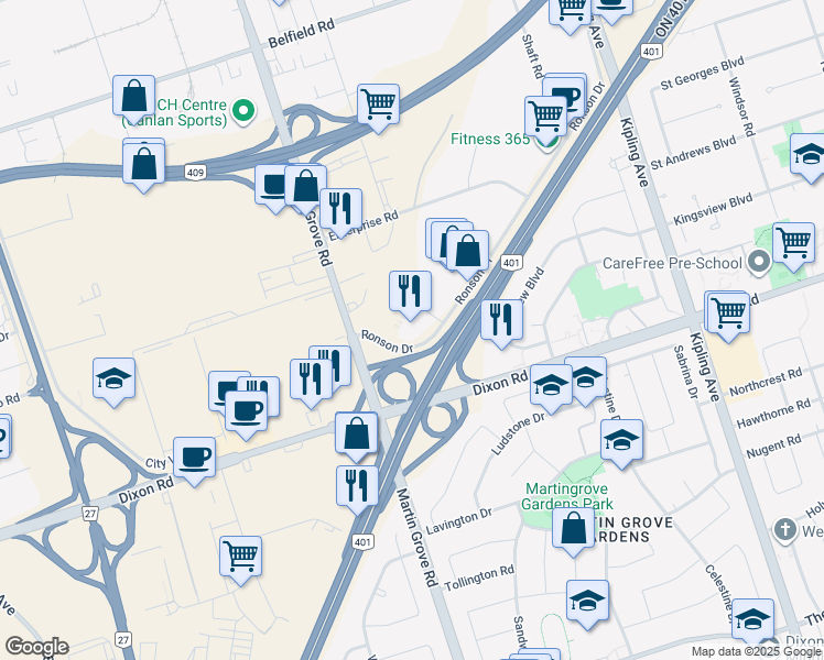 map of restaurants, bars, coffee shops, grocery stores, and more near 200 Ronson Drive in Toronto