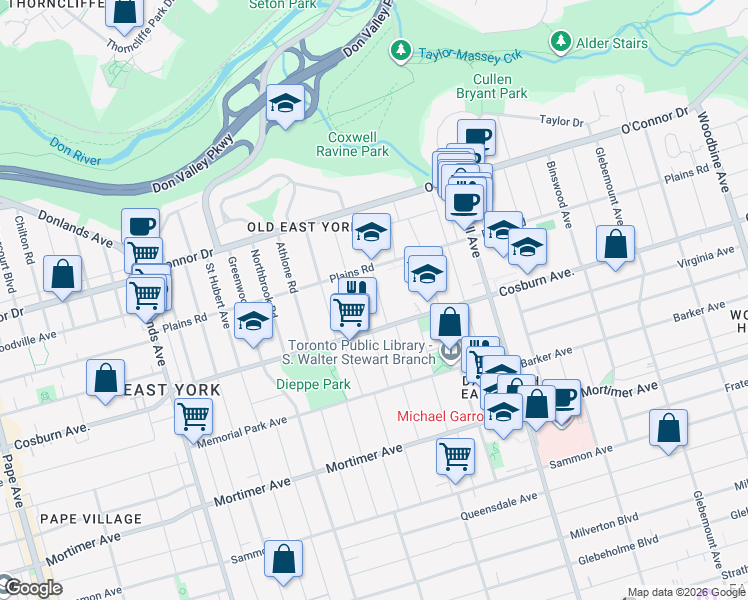 map of restaurants, bars, coffee shops, grocery stores, and more near 12 Northridge Avenue in Toronto