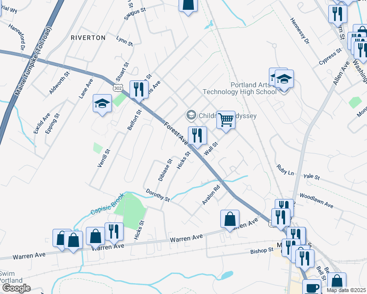 map of restaurants, bars, coffee shops, grocery stores, and more near 84 Dibiase Street in Portland