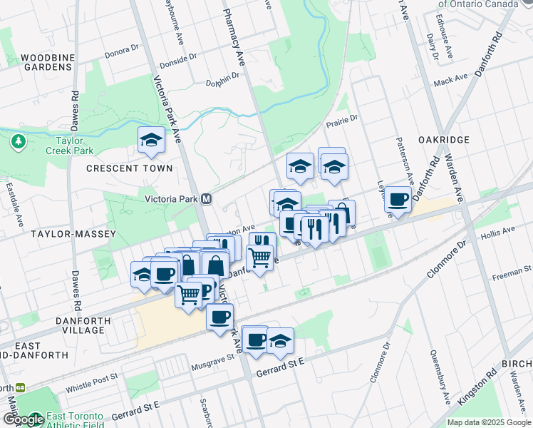 map of restaurants, bars, coffee shops, grocery stores, and more near in Toronto