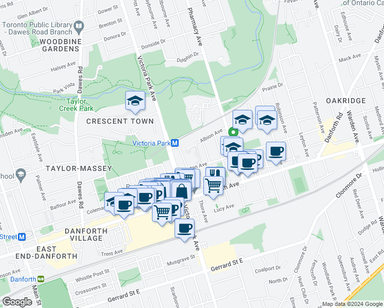 map of restaurants, bars, coffee shops, grocery stores, and more near 38 Denton Avenue in Toronto