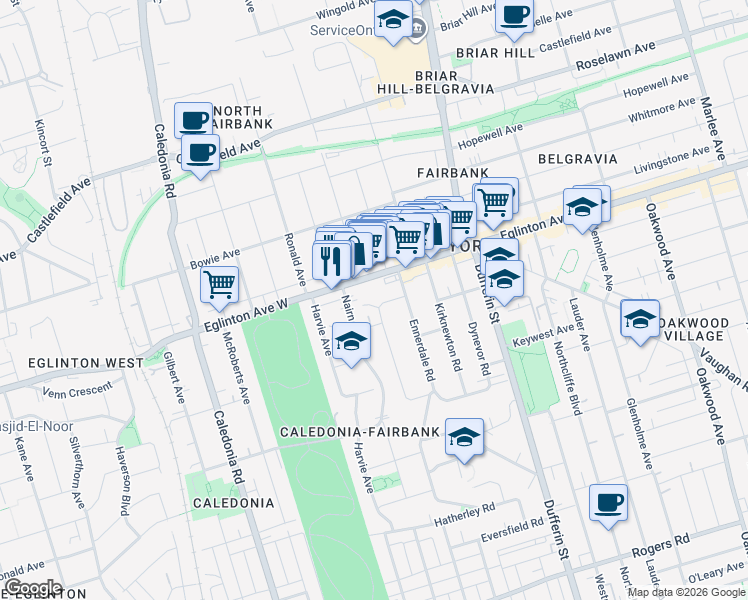 map of restaurants, bars, coffee shops, grocery stores, and more near in Toronto
