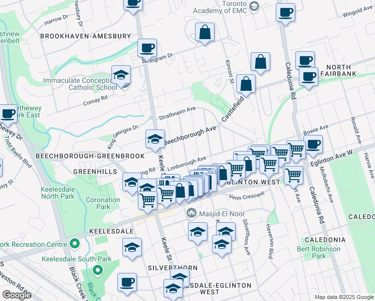 map of restaurants, bars, coffee shops, grocery stores, and more near in Toronto