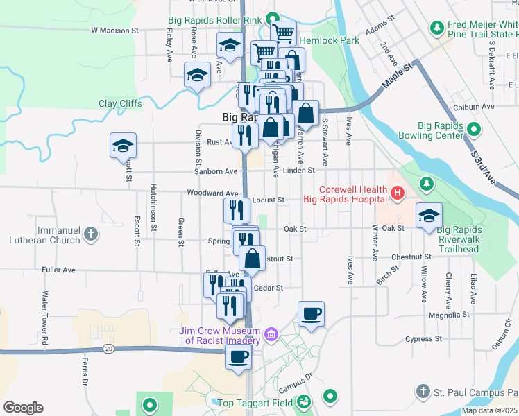 map of restaurants, bars, coffee shops, grocery stores, and more near 415 South State Street in Big Rapids