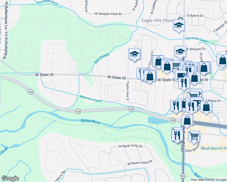 map of restaurants, bars, coffee shops, grocery stores, and more near 180 South Grandean Way in Eagle