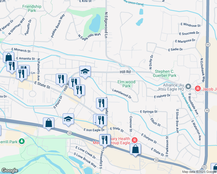 map of restaurants, bars, coffee shops, grocery stores, and more near 77 South Silverwood Way in Eagle