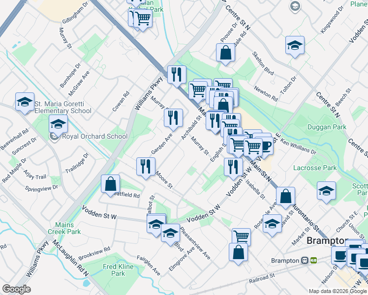map of restaurants, bars, coffee shops, grocery stores, and more near 1 Rogers Road in Brampton