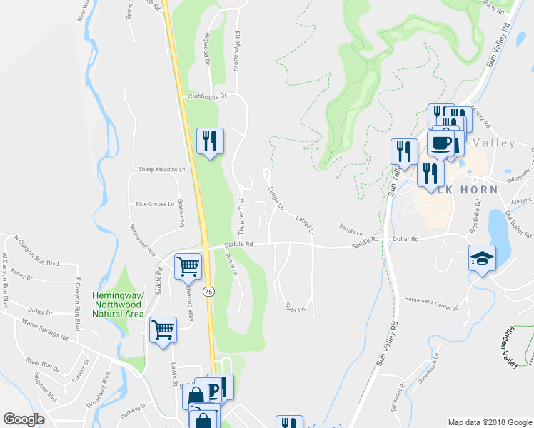 map of restaurants, bars, coffee shops, grocery stores, and more near Valleywood Dr in Ketchum
