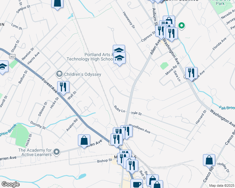 map of restaurants, bars, coffee shops, grocery stores, and more near 65 Ruby Lane in Portland