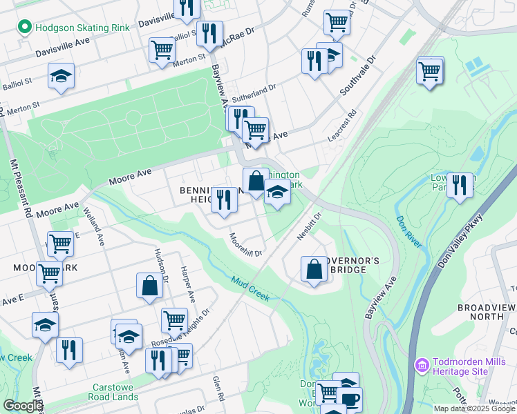 map of restaurants, bars, coffee shops, grocery stores, and more near 181 Bayview Heights Drive in Toronto