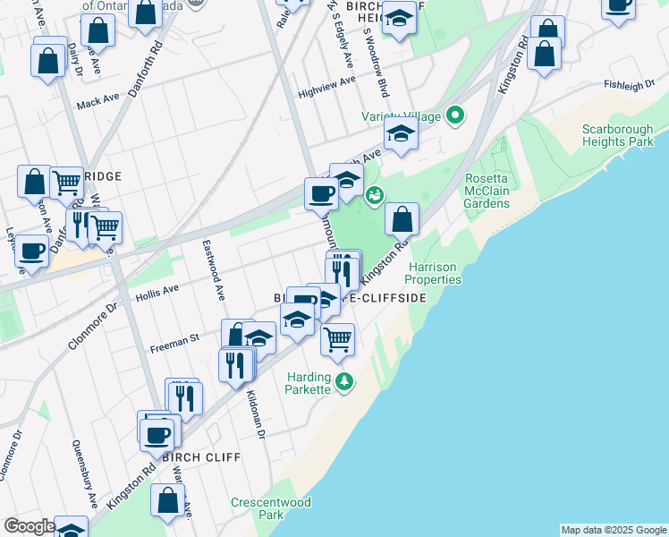 map of restaurants, bars, coffee shops, grocery stores, and more near 70 Birchmount Road in Toronto
