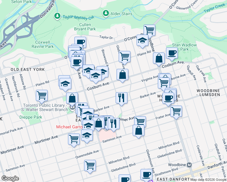 map of restaurants, bars, coffee shops, grocery stores, and more near 51 Virginia Avenue in Toronto