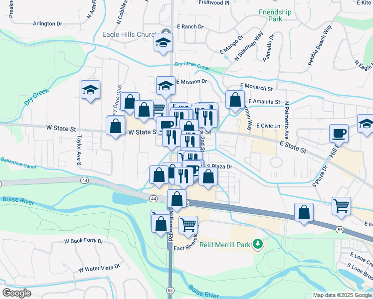 map of restaurants, bars, coffee shops, grocery stores, and more near 228 East Plaza Drive in Eagle