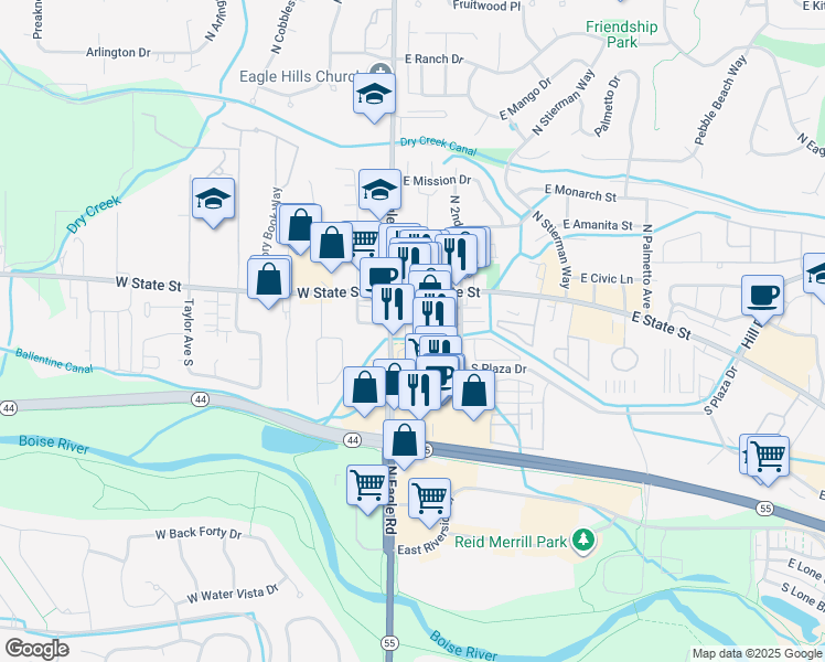 map of restaurants, bars, coffee shops, grocery stores, and more near 250 South Eagle Road in Eagle