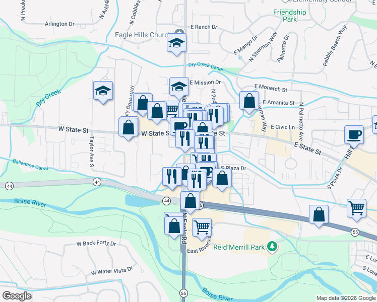 map of restaurants, bars, coffee shops, grocery stores, and more near 178 South Eagle Road in Eagle