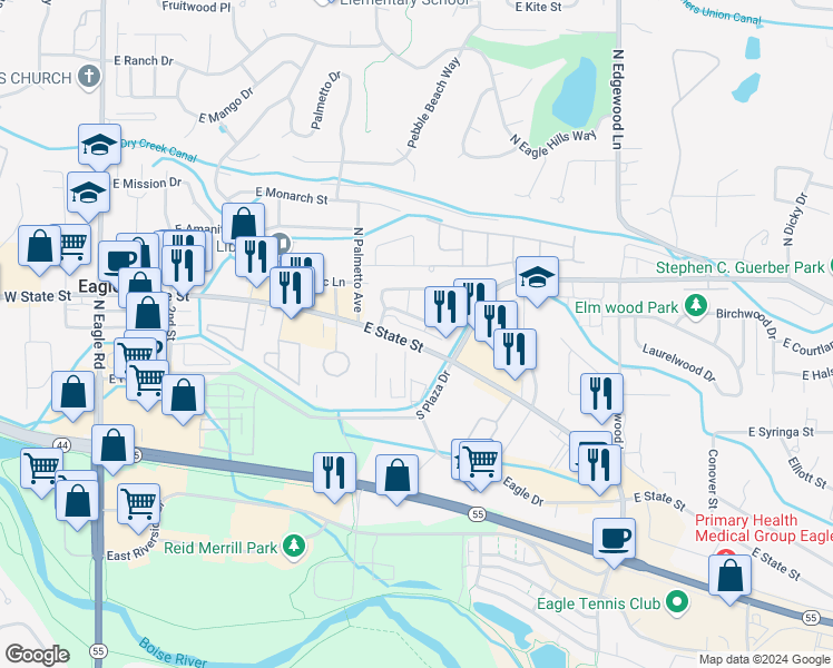 map of restaurants, bars, coffee shops, grocery stores, and more near 971 East Winding Creek Drive in Eagle