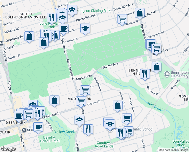 map of restaurants, bars, coffee shops, grocery stores, and more near 167 Welland Avenue in Toronto