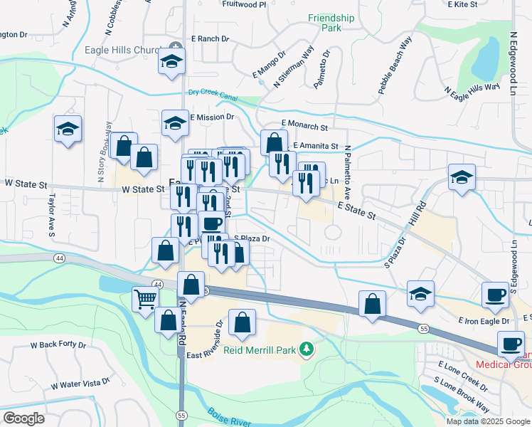 map of restaurants, bars, coffee shops, grocery stores, and more near 68 South Young Lane in Eagle