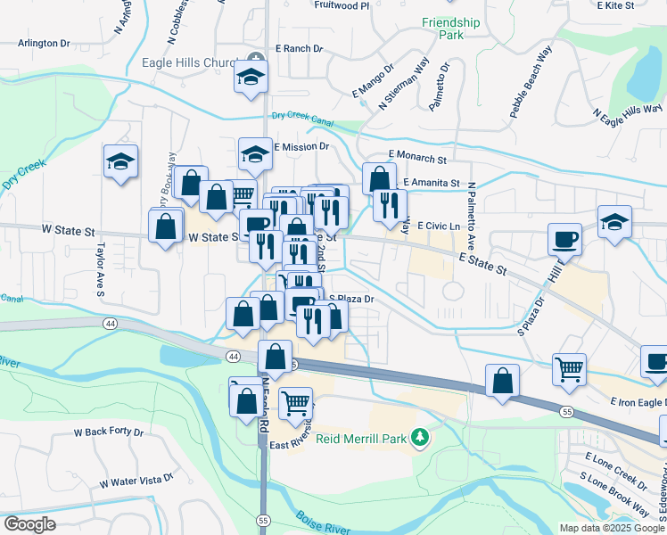 map of restaurants, bars, coffee shops, grocery stores, and more near 270 East Connemara Lane in Eagle