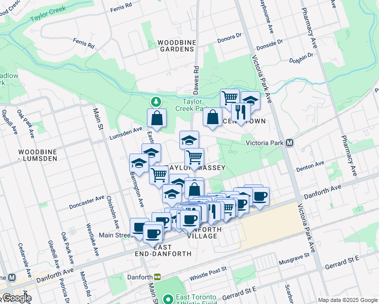 map of restaurants, bars, coffee shops, grocery stores, and more near in Toronto