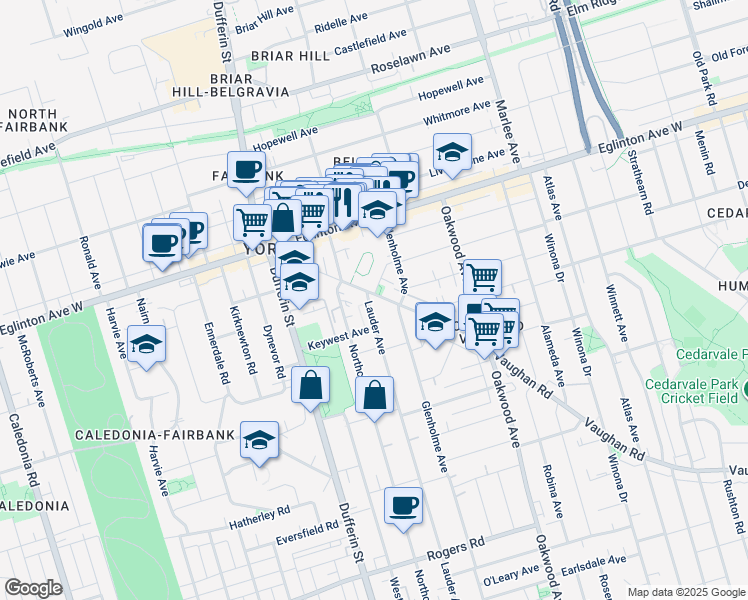 map of restaurants, bars, coffee shops, grocery stores, and more near in Toronto