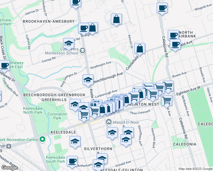 map of restaurants, bars, coffee shops, grocery stores, and more near in Toronto