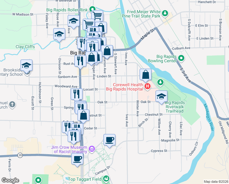 map of restaurants, bars, coffee shops, grocery stores, and more near 422 South Stewart Avenue in Big Rapids