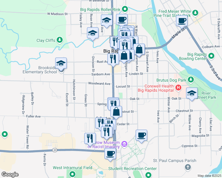 map of restaurants, bars, coffee shops, grocery stores, and more near 415 South State Street in Big Rapids