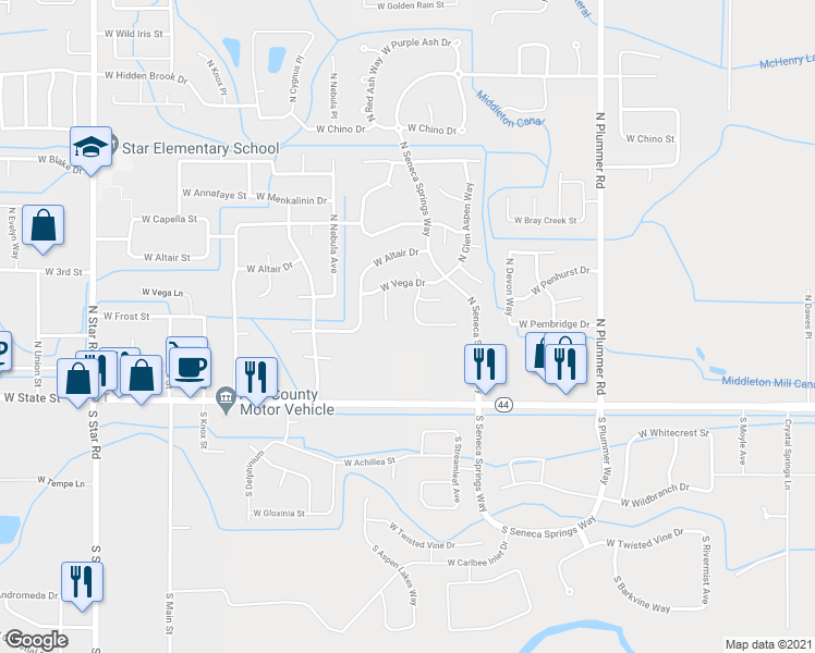 map of restaurants, bars, coffee shops, grocery stores, and more near 301 North Hullen Place in Star