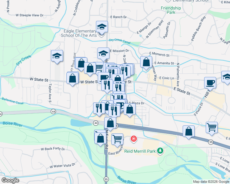 map of restaurants, bars, coffee shops, grocery stores, and more near 178 South Eagle Road in Eagle
