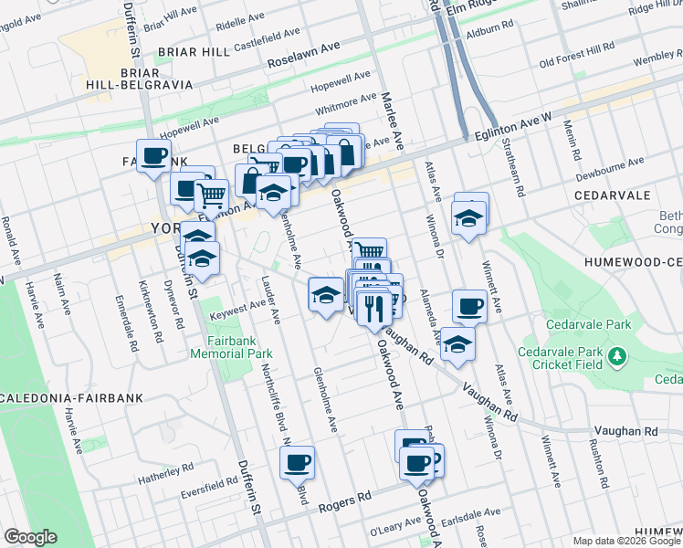map of restaurants, bars, coffee shops, grocery stores, and more near 106 Bude Street in Toronto