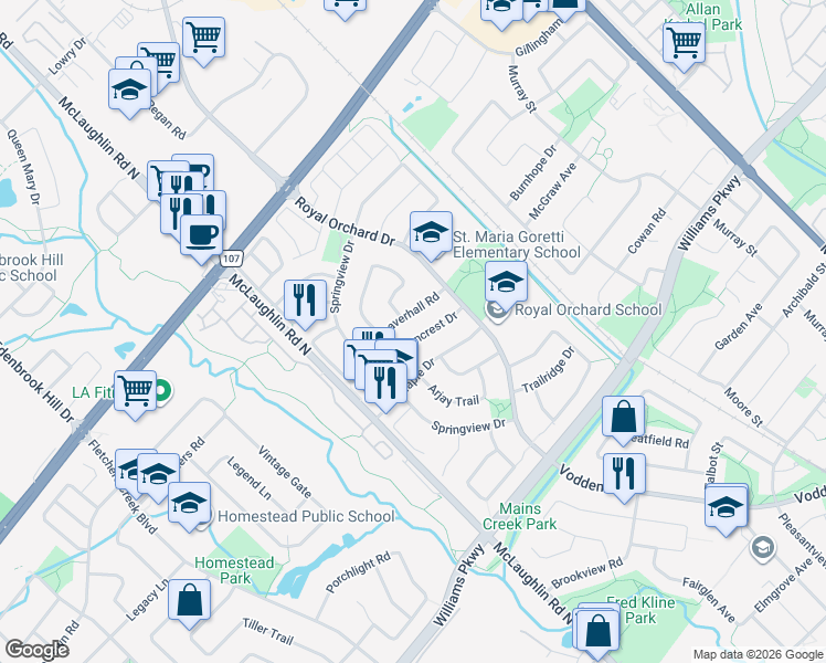 map of restaurants, bars, coffee shops, grocery stores, and more near 54 Red Maple Drive in Brampton