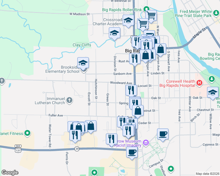 map of restaurants, bars, coffee shops, grocery stores, and more near 502 Green Street in Big Rapids