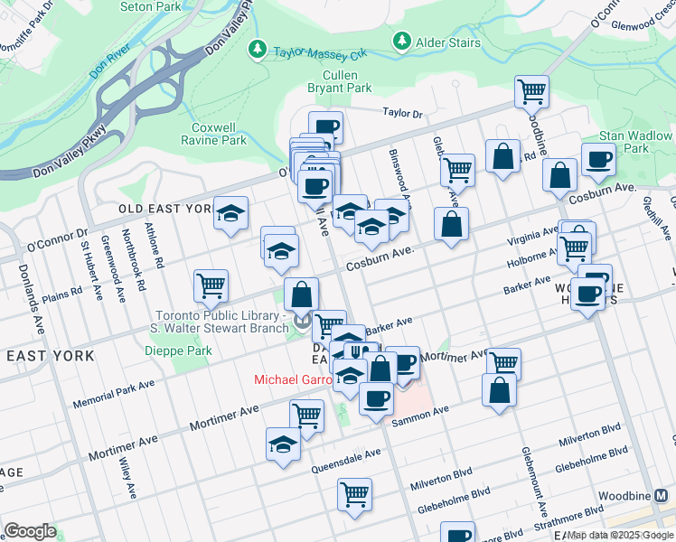 map of restaurants, bars, coffee shops, grocery stores, and more near Coxwell Ave & Cosburn Ave in Toronto