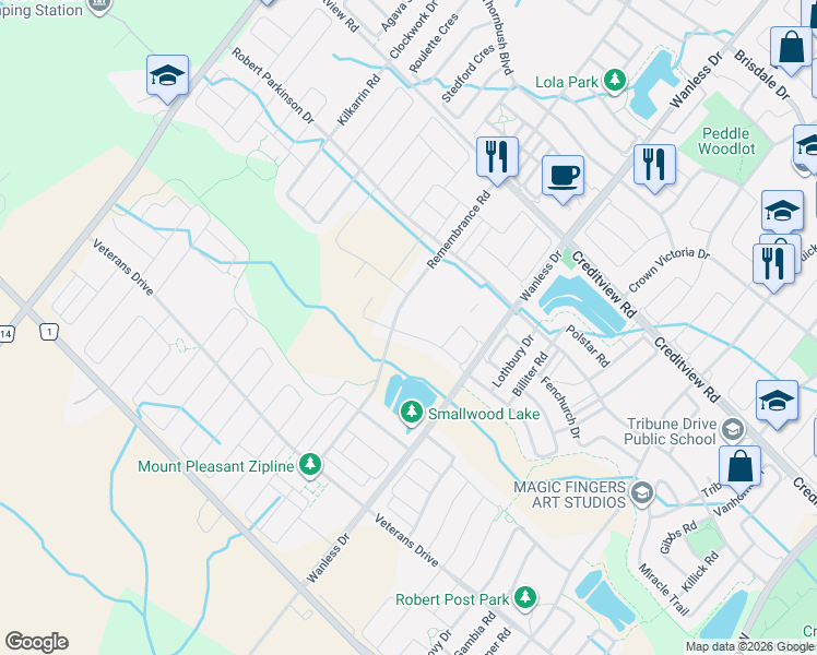 map of restaurants, bars, coffee shops, grocery stores, and more near 106 Divinity Circle in Brampton
