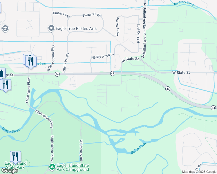 map of restaurants, bars, coffee shops, grocery stores, and more near 2517 W Iron Coop St in Eagle