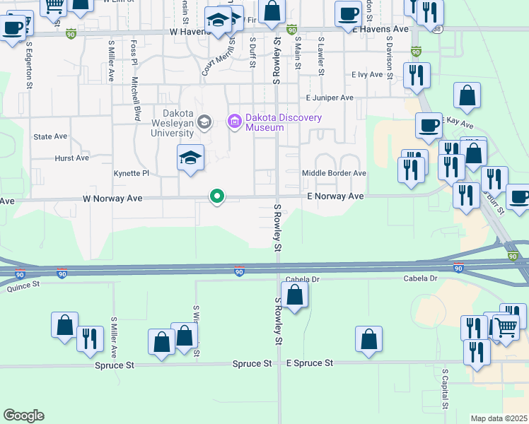 map of restaurants, bars, coffee shops, grocery stores, and more near 299 West Pine Avenue in Mitchell
