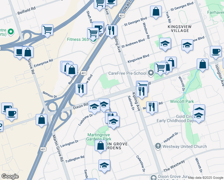 map of restaurants, bars, coffee shops, grocery stores, and more near in Toronto