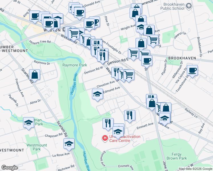 map of restaurants, bars, coffee shops, grocery stores, and more near 71 Clouston Avenue in Toronto