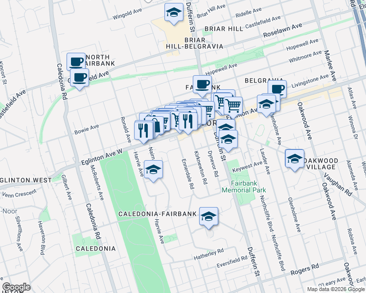 map of restaurants, bars, coffee shops, grocery stores, and more near 202 Ennerdale Road in Toronto