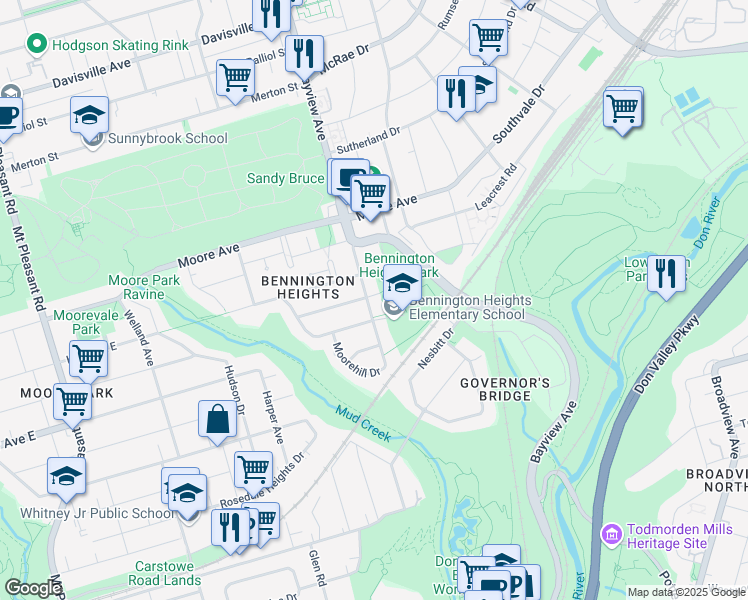 map of restaurants, bars, coffee shops, grocery stores, and more near 183 Bayview Heights Drive in Toronto