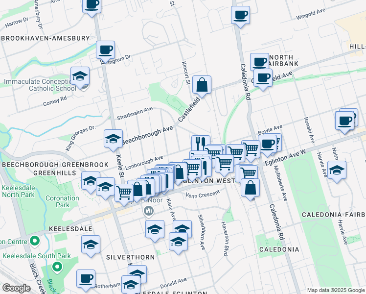 map of restaurants, bars, coffee shops, grocery stores, and more near 38 Lonborough Avenue in Toronto