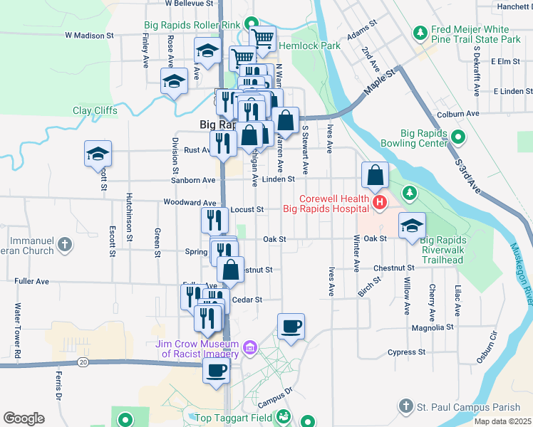 map of restaurants, bars, coffee shops, grocery stores, and more near 212 Locust Street in Big Rapids