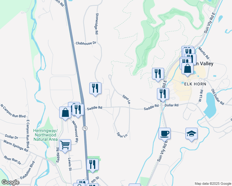 map of restaurants, bars, coffee shops, grocery stores, and more near 160 Valleywood Drive in Ketchum