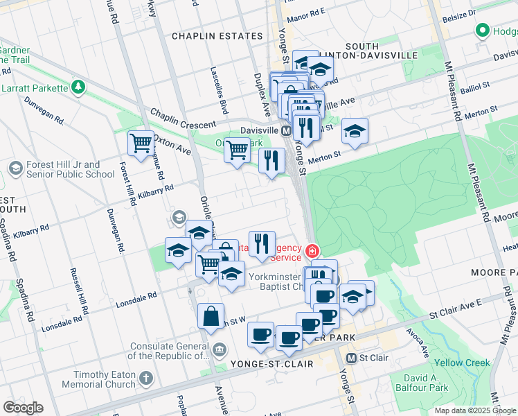 map of restaurants, bars, coffee shops, grocery stores, and more near in Toronto